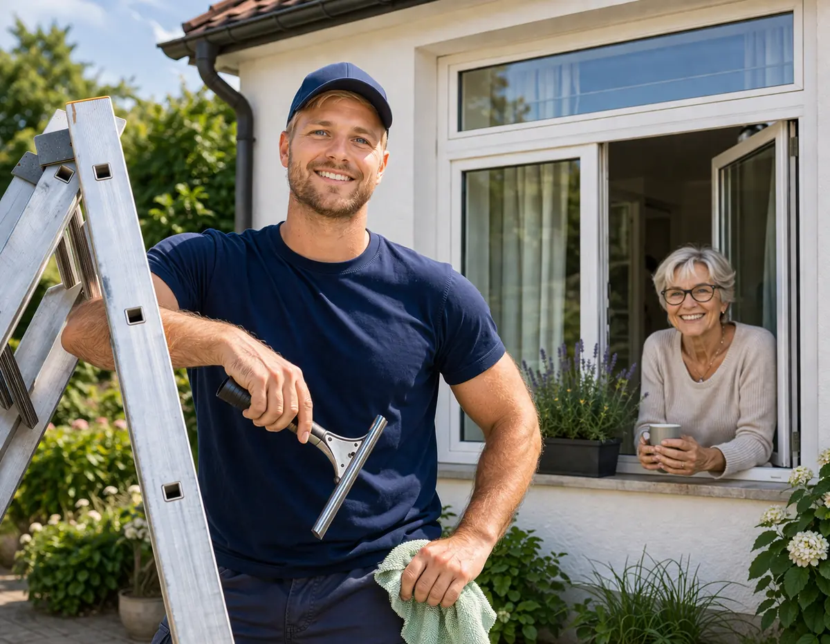 Handwerker mit Fensterabzieher vor einem Haus, im Fenster lächelt eine Seniorin